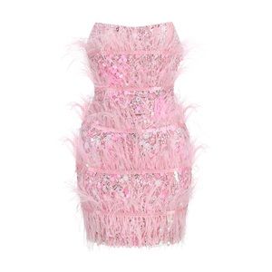 Light Pink Strapless Sequins & Feather Mini Bodycon Dress size L